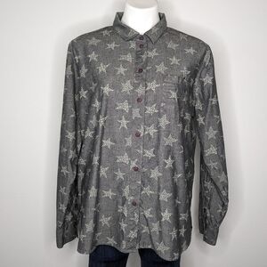 Life Is Good grey white star button up 100% cotton long sleeve shirt L